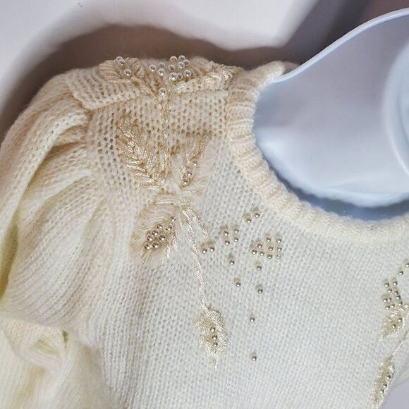 Vintage Embroidered Sweater Faux Pearl Beading Cottagecore Winter Off White Sz M - Picture 3 of 5